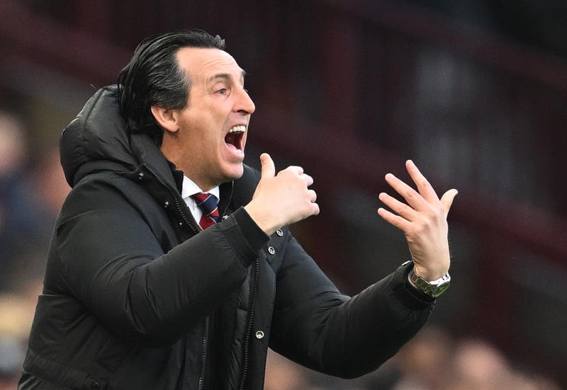 Aston Villa boss Unai Emery reacts to the action on the pitch