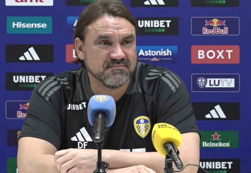 Leeds United boss Daniel Farke speaks at a press conference
