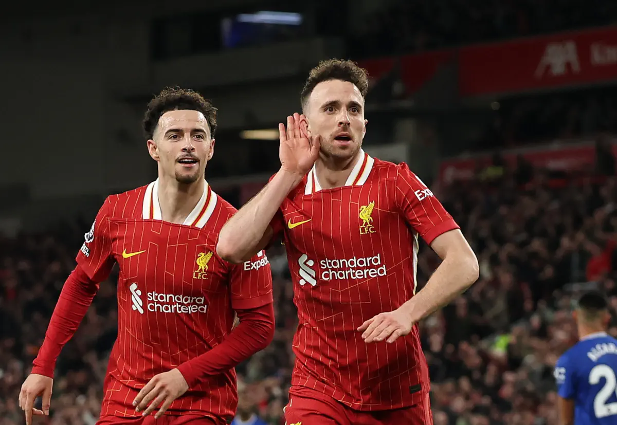 Liverpool striker Diogo Jota celebrates after scoring a goal